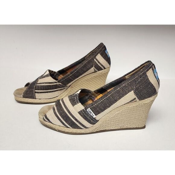 Toms Shoes - TOMS Women Peep Toe Wedge Espadrilles Blue White Stripe Canvas Shoes Size 7.5W